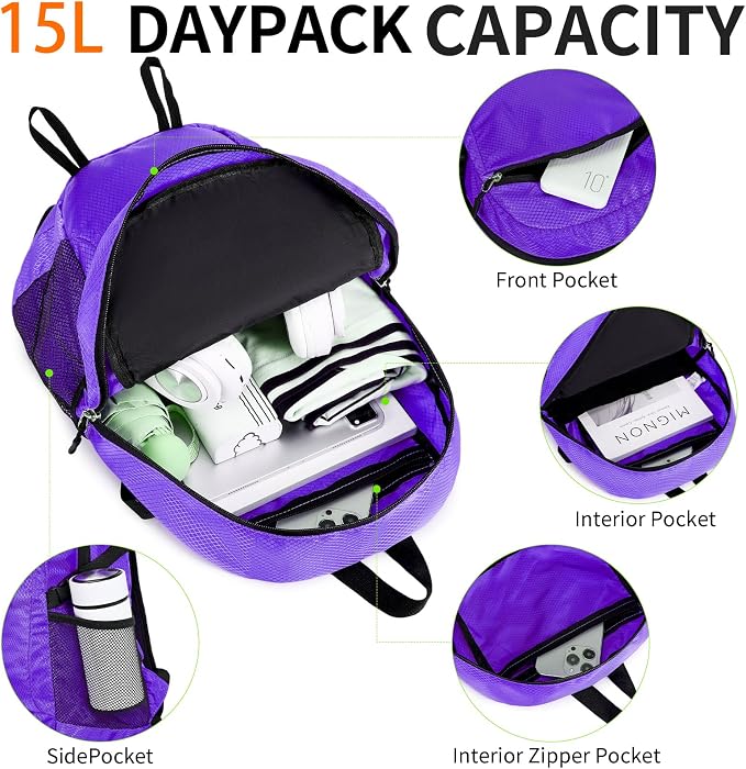 Small Hiking Daypack, 15L Water-Resistant Hiking Backpack Packable Lightweight