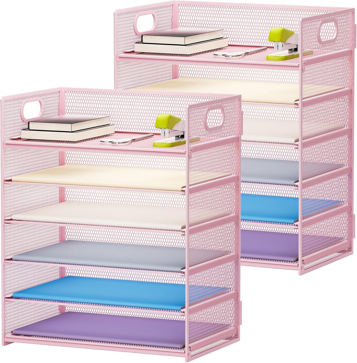 Marbrasse 2 Pack Desk Organizer with Handle, 6 Tier Paper Letter Tray, Mesh Desk File Organizer for Office, School and Home - Pink