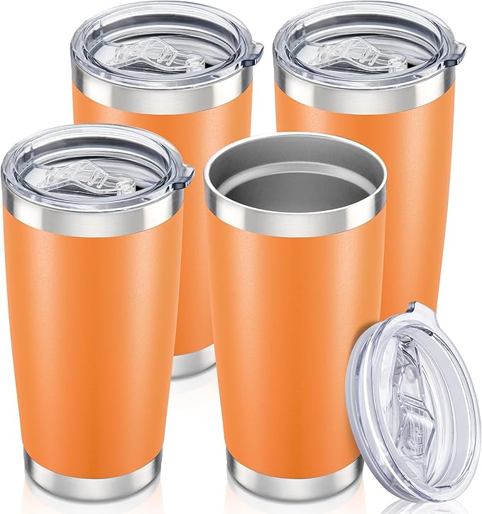 20 oz Tumbler with Lid Stainless Steel Insulated Tumblers Bulk Double Wall Vacuum Cups Powder Coated Travel Mug Keep Drinks Cold and Hot, Orange, 4 Pack