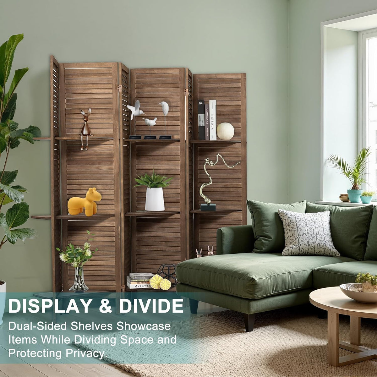 6 Panel Room Divider with Shelves, 5.6FT Folding Room Divider Screen, Free Assembled Freestanding Partition for Home Office Bedroom, Dark Brown