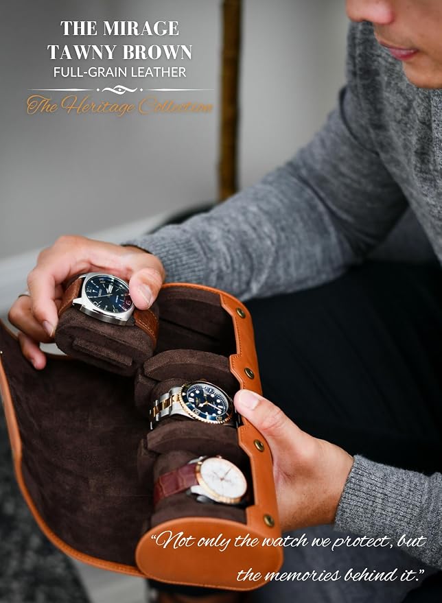 Watch Travel Case for Men – Leather Watch Roll Case Organizer – 3 Watches