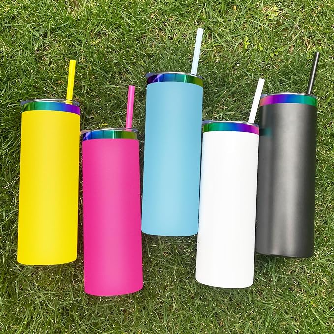 20 oz Skinny Tumblers Stainless Steel Tumbler with Lid and Straw Double Wall Vacuum Insulated Coffee Mug 20oz Powder Coated Cup for Hot and Cold Drinks(Black,4 pack)