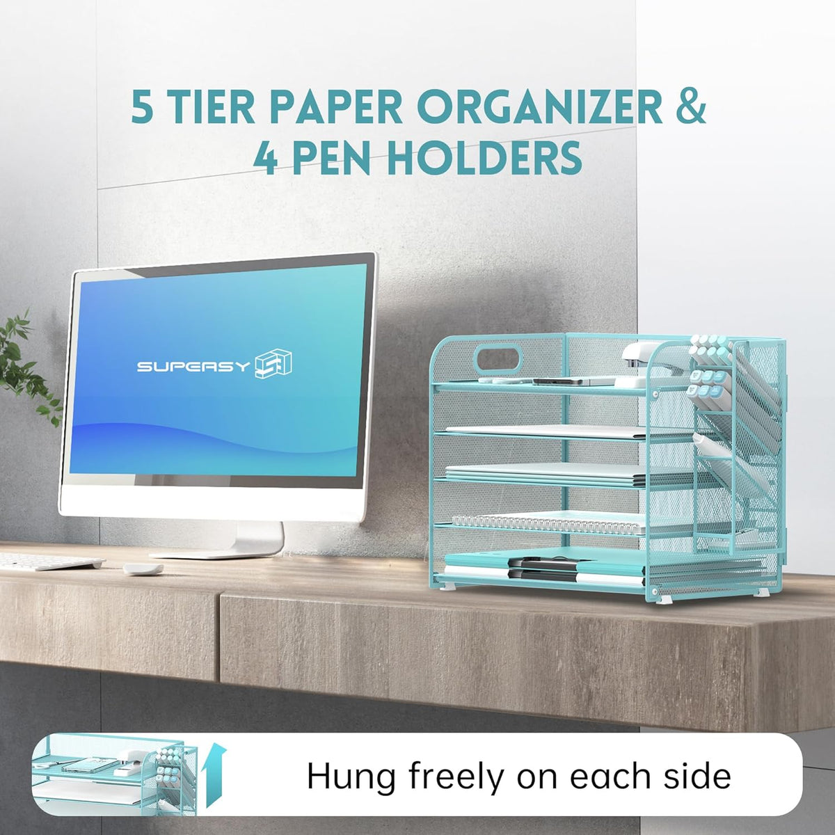 SUPEASY 5 Tier Desk Organizer with Handle & Removable Pen Holders, Mesh Paper/File Organizer for Desk, Paper Letter Tray Organizer for Office Supplies (Blue)