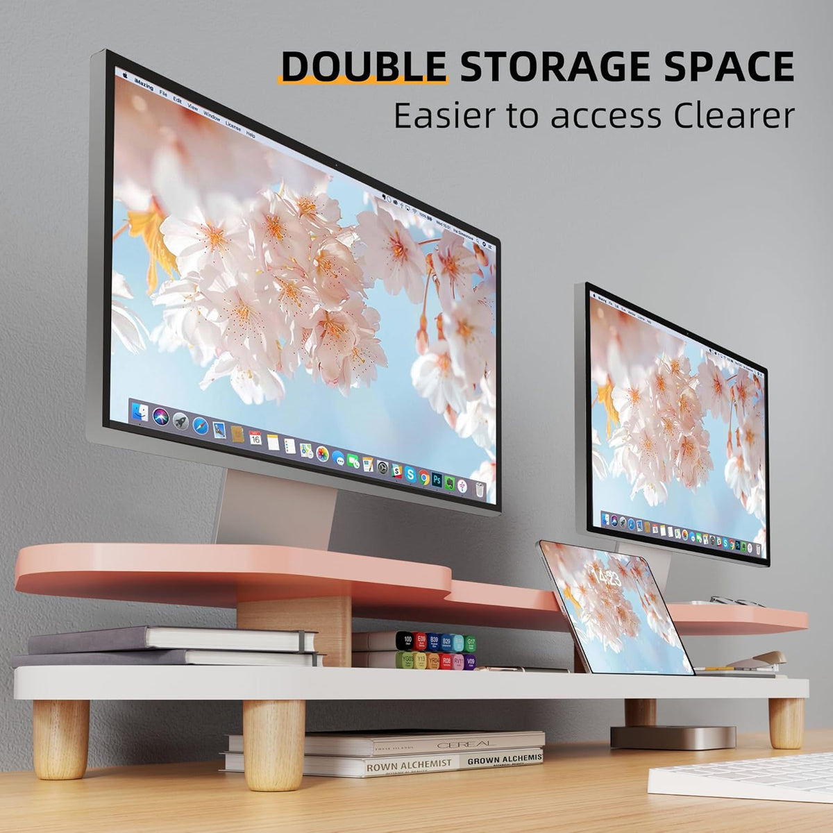 2 Tier Dual Monitor Stand Riser,Wider Board Computer Monitor Stand for 2 Monitors,Slot For Phone/Tablet Office Desktop Organizer for Laptop,PC,Computer,Printer,Pink