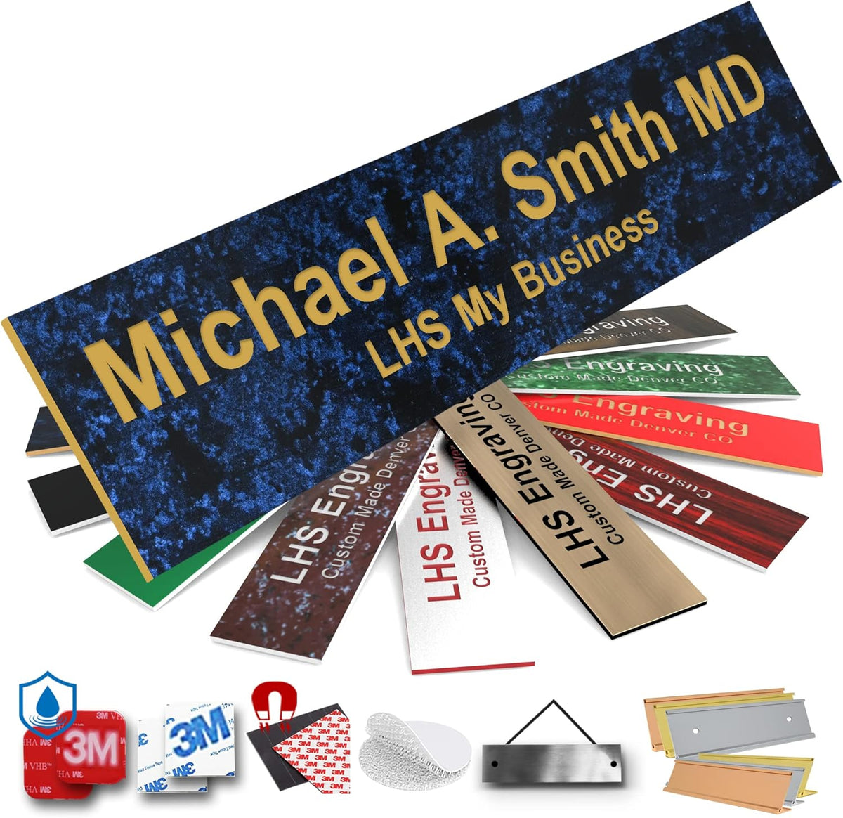 Engraved Custom Door Plate Celestial Blue Plastic Office Door Sign with Gold Letters - Made in USA 2x10 S1