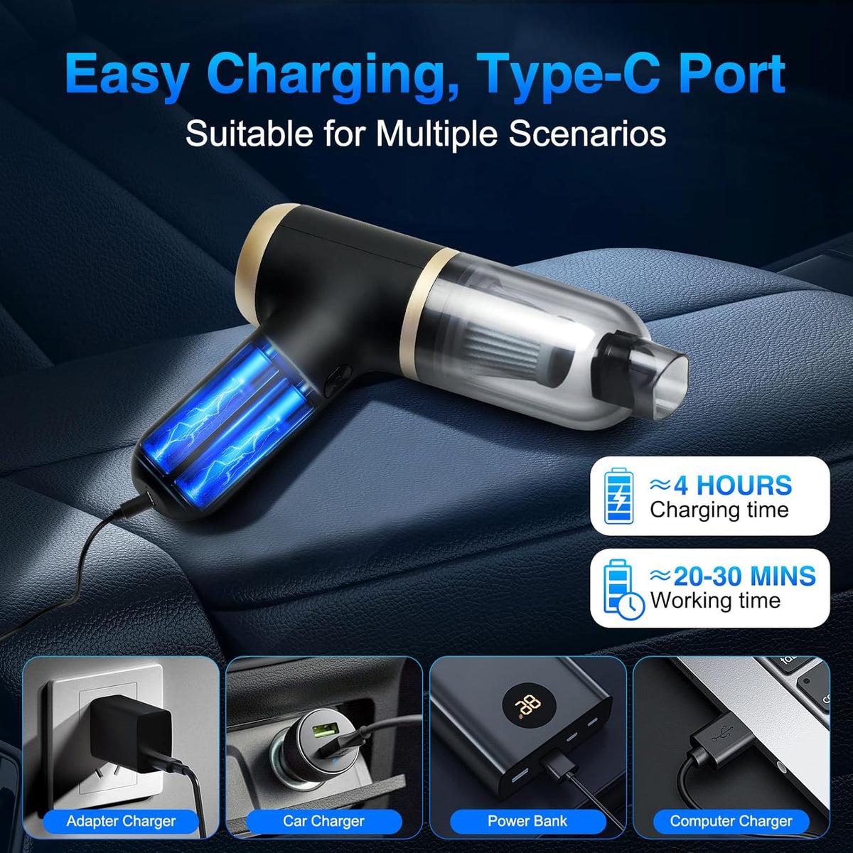 Handheld Vacuum Cordless Car Vacuum Portable with 20000PA, Lightweight Mini Hand Vacuum Cleaner with Brushless Motor, High Power Suction for Home, Pet and Car