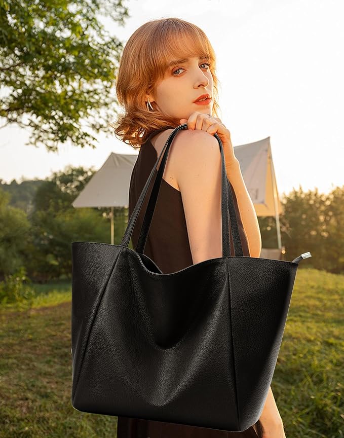 KALIDI Large Tote Bag Vegan Leather Casual Zipper Work Bag Weekender Hobo
