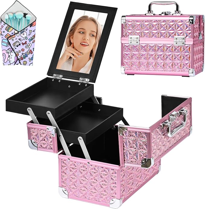 Makeup Case Organizer, Makeup Train Case, Trays Cosmetic Box Portable,