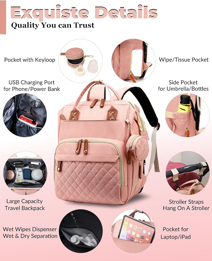 Diaper Bag with Changing Station, Waterproof 3 in 1 Baby Diaper Backpack with