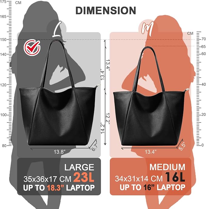 KALIDI Large Tote Bag Vegan Leather Casual Zipper Work Bag Weekender Hobo