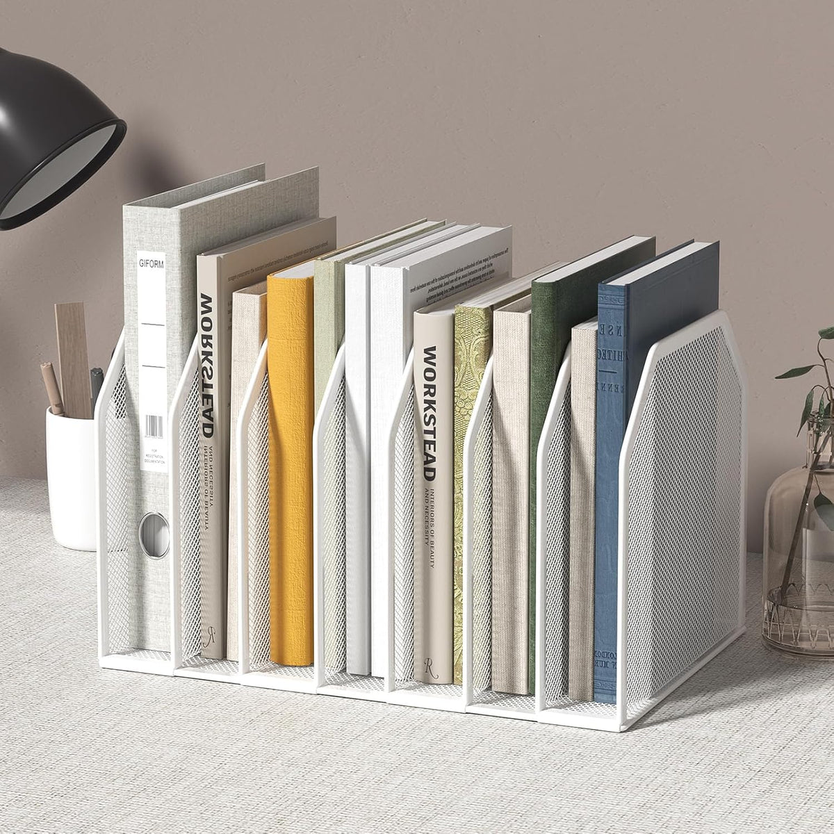 Vertical File Organizer for Desk - Metal Mesh File Holder with 7 Compartments, File Folder Rack & Document Storage Stand, File Sorter for Office/Home/School Use - 12.8" x 8.5" x 7.9"