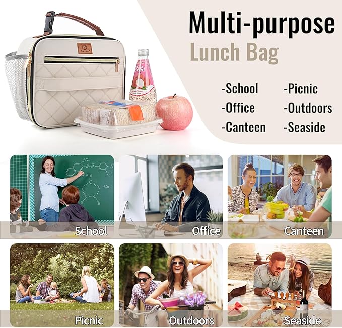 Genteen Lunch Box for Women Adults Girls - Insulated LunchBox Reusable, Zip Closure & Buckle Handle, Portable Cooler for Work, School, Travel (White)