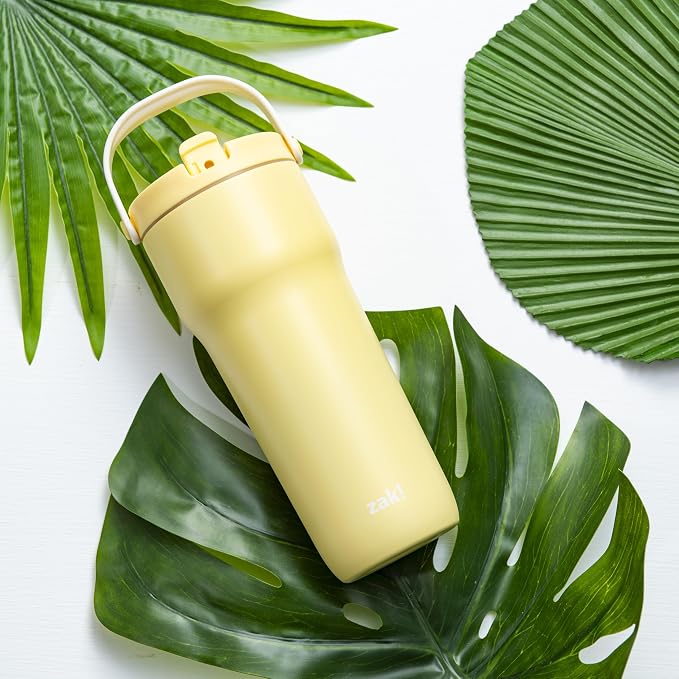 Zak Designs Sutton Travel Tumbler for On the Go, 30oz Stainless Steel with Vacuum Insulation, Straw Spout, Carry Handle for Cold Drinks (Vanilla Yellow)