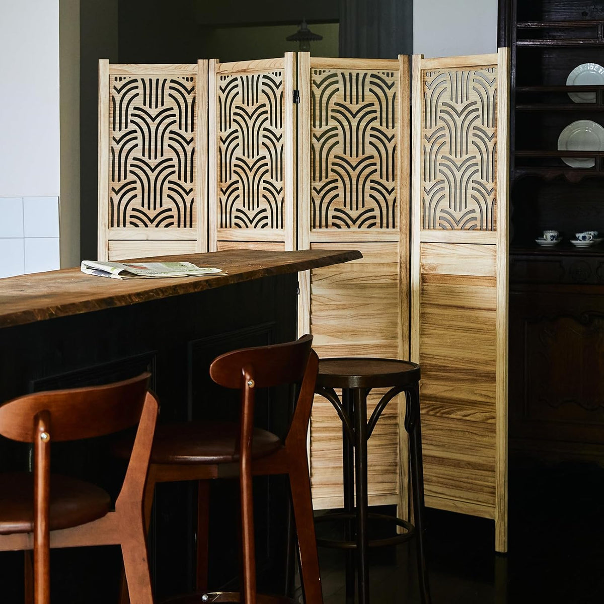 Folding Room Divider, 66.9 Inch 4 Panels Wood Carved Privacy Screens, Free Assembled Freestanding Portable Separation Wall for Home Office Bedroom (Natural)