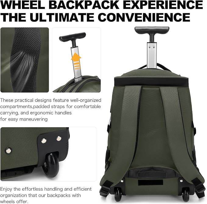 Boavan Rolling Backpack, 17 inch Water Resistant Wheeled Backpack, Carry on