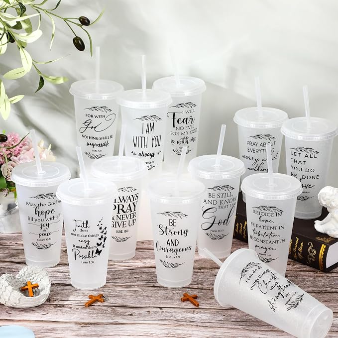 Havawish 24 Pcs Mothers Day Christian Tumbler Gift Bulk Religious Inspirational 24 oz Drinking Jesus Cup with Lid Straw Bible Verse Plastic Cup for Church Father Teacher First Communion (Clear)
