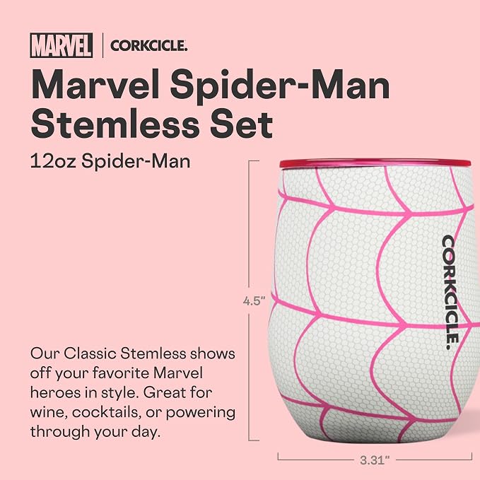 Corkcicle Stemless Insulated Wine Glass Tumbler - Beverages Cold 6 & Hot 3 Hours - Stainless Steel - Easy-Grip - Summer Drinkware Gift - Keeps Drinks Ice - 12 oz - Spider-Man