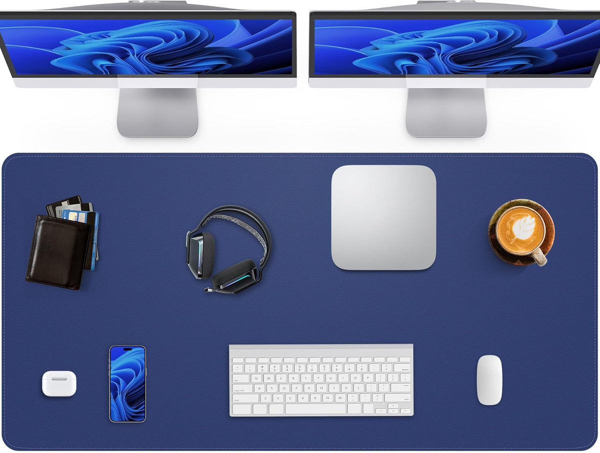 Large Desk Pad Mat - Waterproof Mouse Pad & Desk Protector, Non-Slip XL PU Leather Gaming Mat for Keyboard/Mouse, Stitched Edge with Ergonomic Support, 47"x17" (Blue)