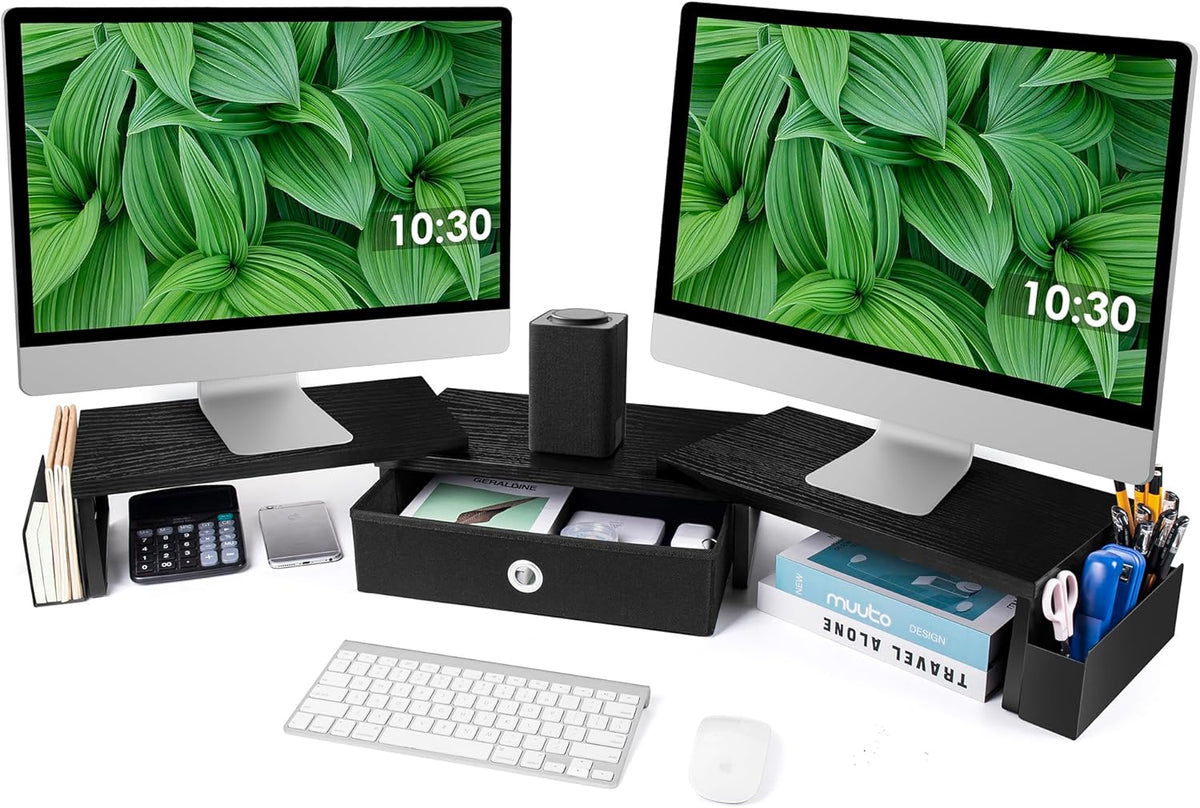 Dual Monitor Stand Riser w/ Drawer & Metal Leg, Large Computer Monitor Riser w/ Storage For 2 Monitors, Desk Shelf For Monitor w/ Adjustable Length & Angle, Desktop Organizer For Laptop/TV/Printer
