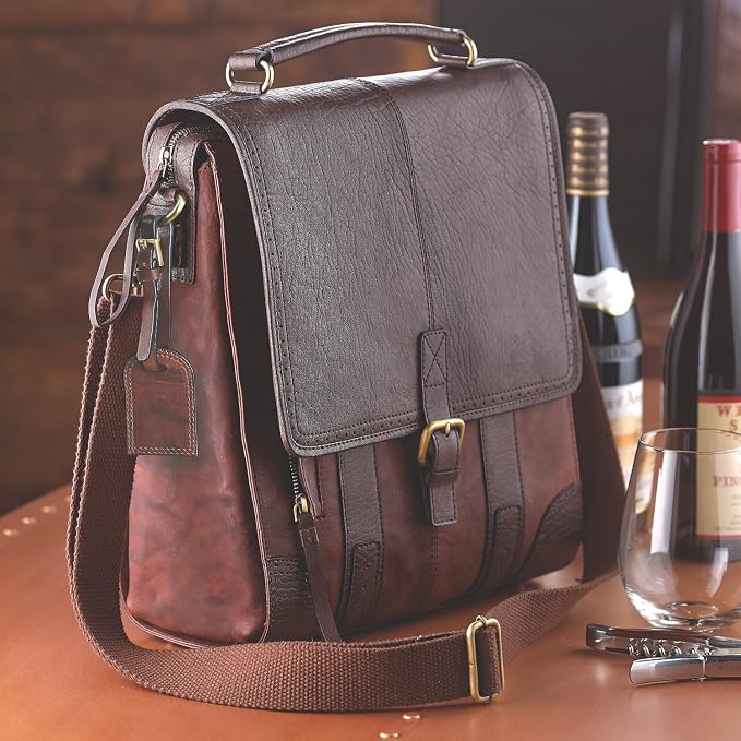 Wine Enthusiast 3-Bottle Leather Wine Tote Bag | Handcrafted Leather Wine