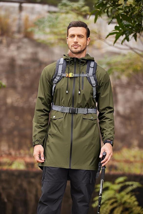 COOFANDY Men's Long Raincoat Ligtweight Rain Jacket Waterproof Outdoor Jackets