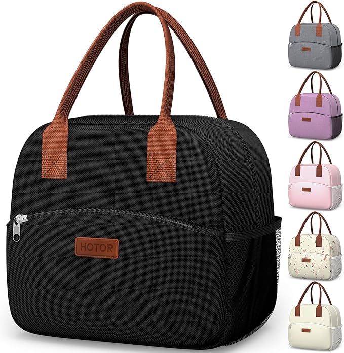 HOTOR Lunch Bag for Women & Men - Wear-Resistant Insulated Lunch Box with Large Capacity, Multi-Functional Cooler Bag for Office, Picnic, Black, 12L, 12.20" x 6.30" x 10.20"