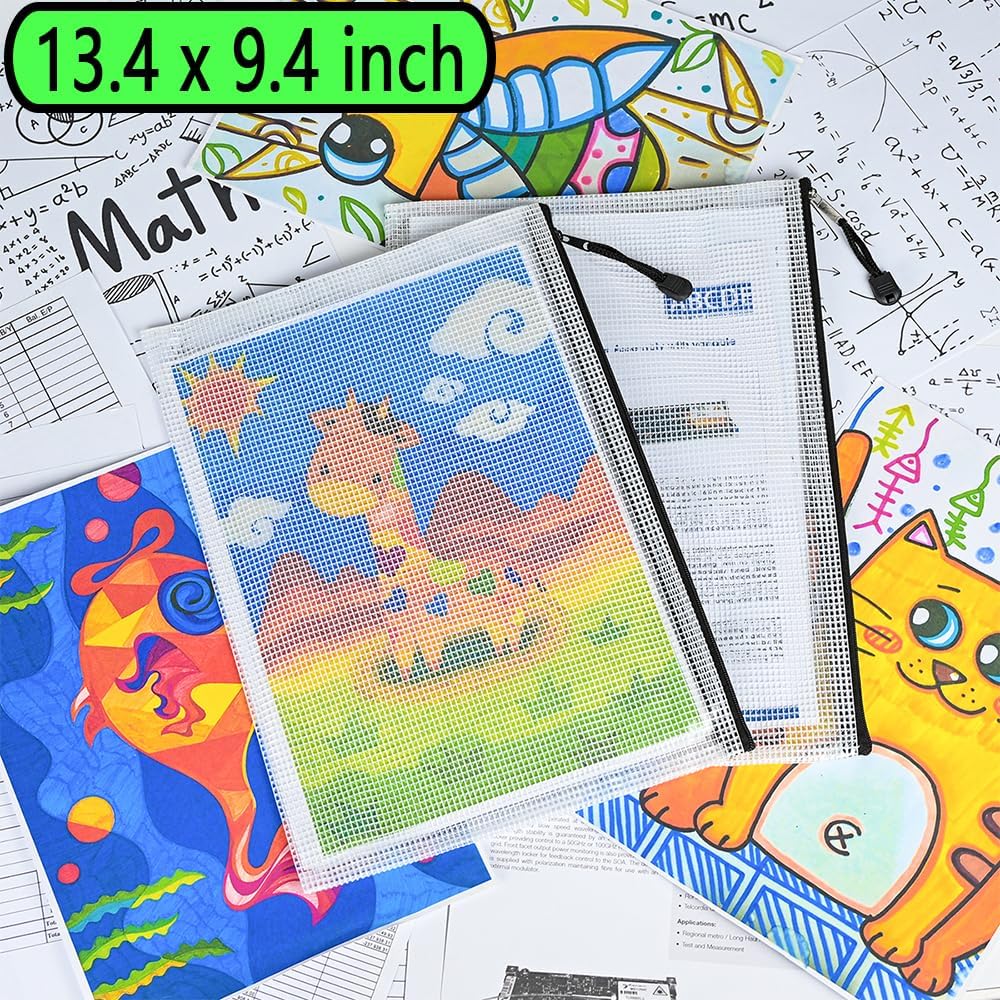 AUSTARK 10 Pcs Zipper File Bags, Waterproof Plastic Mesh Pouch for Office School, Board Game Storage Bags (Multi-Size, White and Black)