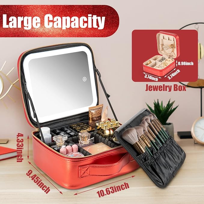Makeup Travel Train Case with Mirror LED Light 3 Adjustable Brightness Large