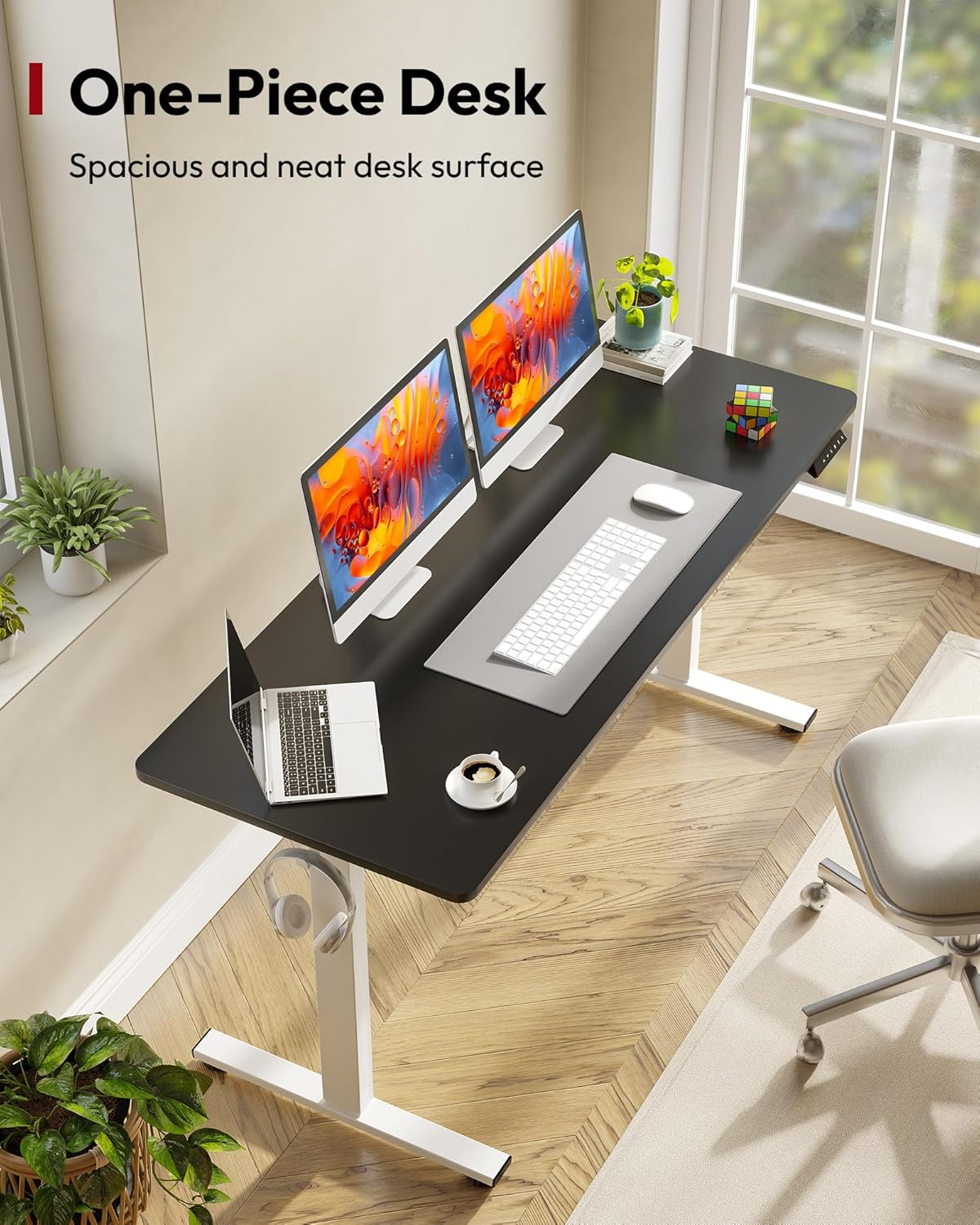 SANODESK Electric Standing Desk 60 x 24 Inches Whole-Piece Desktop Height Adjustable Stand Up Desk w/6-Button Controller Ergonomic Computer Desk for Home Office, White Frame + Black Tabletop