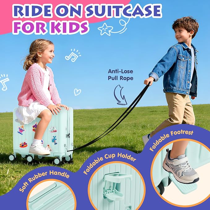 Kids Ride-On Luggage, Foldable Pedal, Hidden Cup Holder & Combination Lock