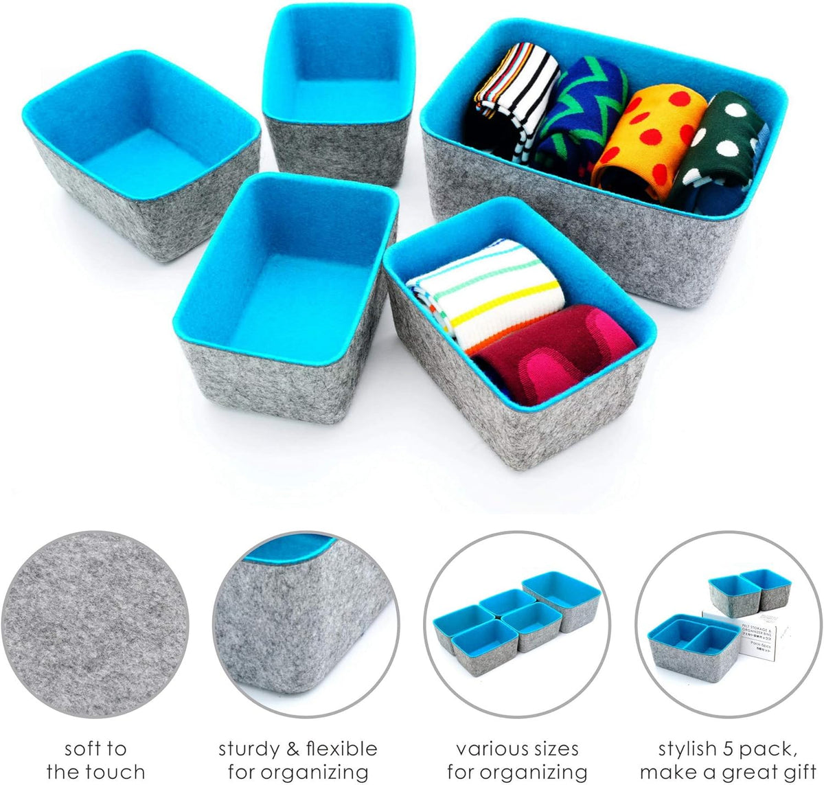 Welaxy office Drawer organizers bins Deep draw organiser Felt storage bin drawers Desk draw dividers boxes for toys makeup jewelery rolled ties organizing 5 pack (Turquoise)