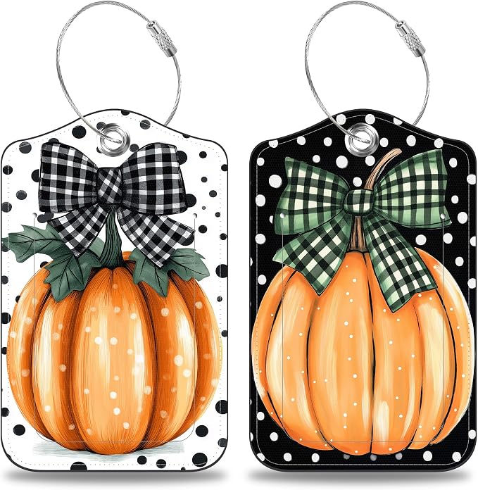 2 Pcs Pumpkin with Checkered Bow Luggage Tags