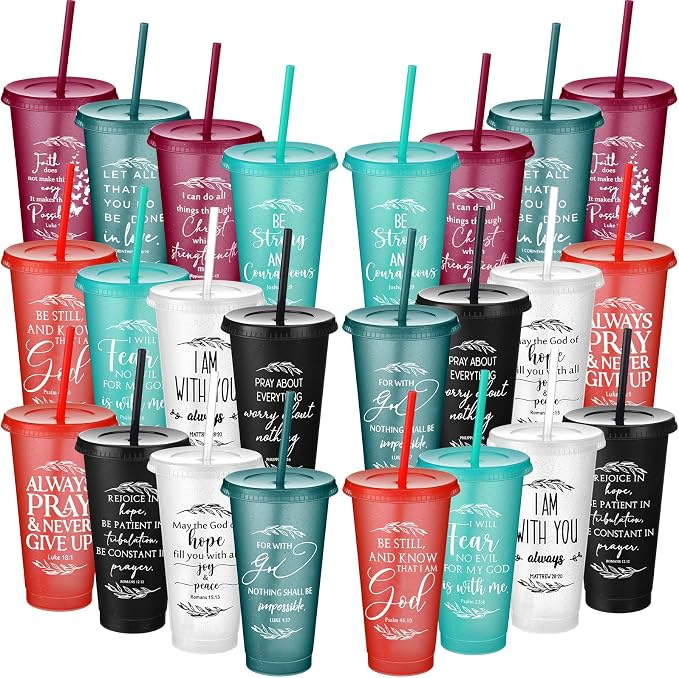 Havawish 36 Pcs Mothers Day Christian Tumbler Gift Bulk Religious Inspirational 24 oz Drinking Jesus Cup with Lid Straw Bible Verse Plastic Cup for Church Father Teacher First Communion (Joyous Color)