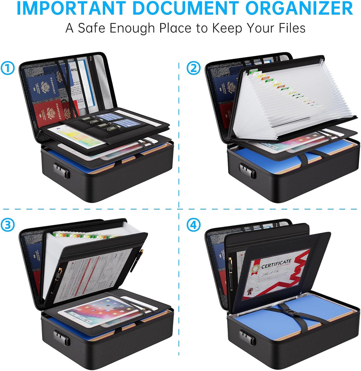 ENGPOW Fireproof Document Box with Lock,5200℉ Soft Case Fireproof Box with 25 Pocket Accordion File Folder,Multi-Layer Fireproof Water Resistant File Organizer Storage for Important Documents,Laptop