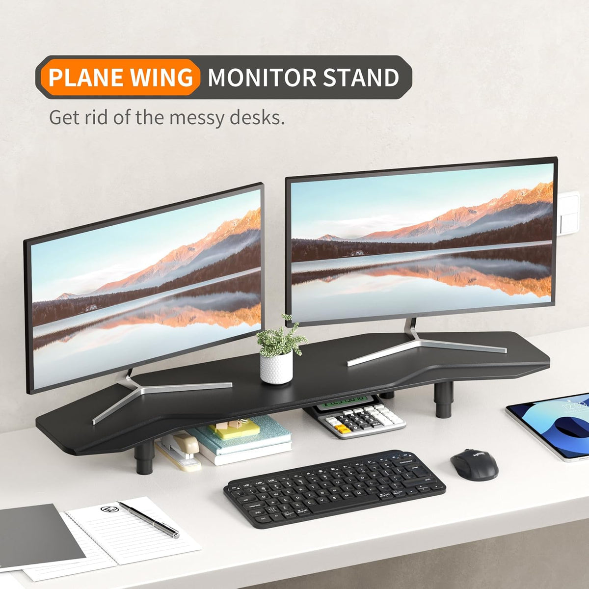 39.4 Inch Dual Monitor Stand Riser Black,Plane Wing-Shaped Sturdy Computer Desk Riser for 2 Monitors, Adjustable Length and Wood Monitor Stand for Laptop, Computer,Extra Long