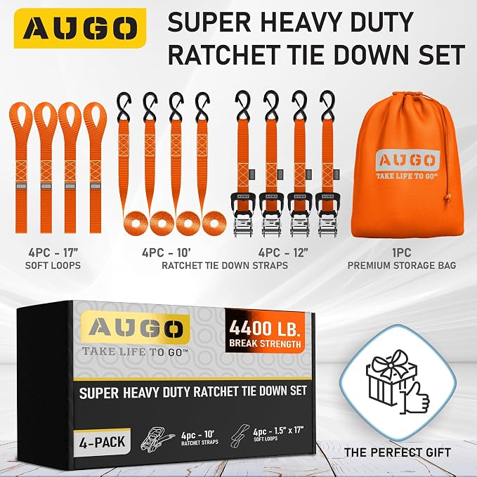 AUGO Heavy Duty Ratchet Straps & Soft Loops – Pack of 4 Extra Strong 1.5” by