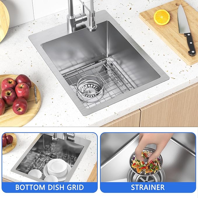 15x20 inch Drop in Bar Sink, 15 inch Small Kitchen Sink 18 Gauge Single Bowl