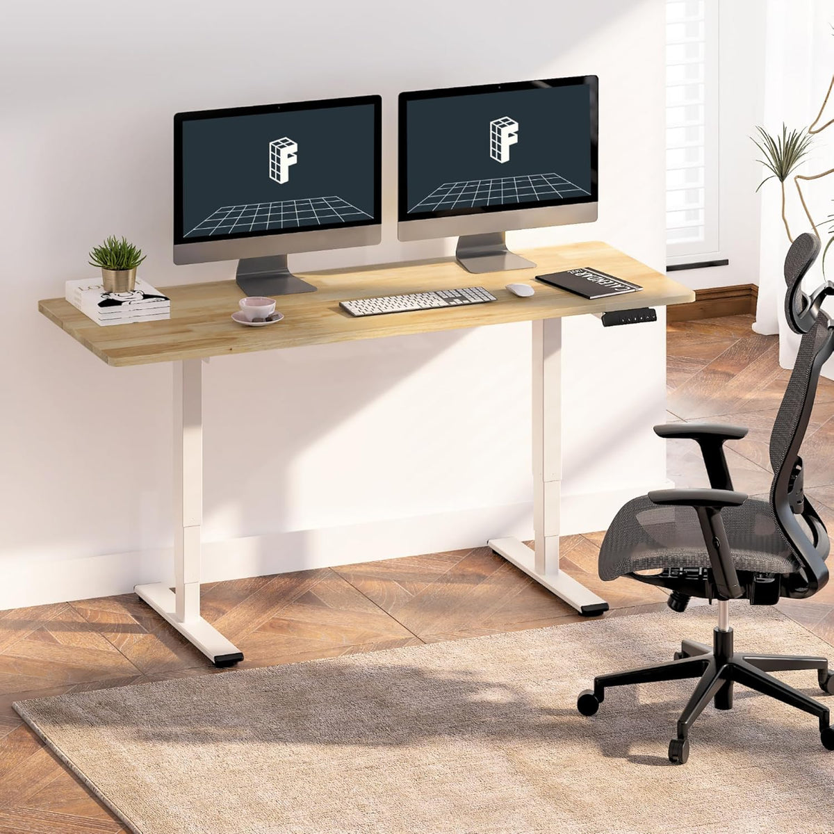 FLEXISPOT E6 Essential Rubber Solid Wood 3 Stages Dual Motor 55x24 Inch Electric Height Adjustable Standing Whole-Piece Board Sit Stand Up Desk (White Frame + Solid Wood Desktop)