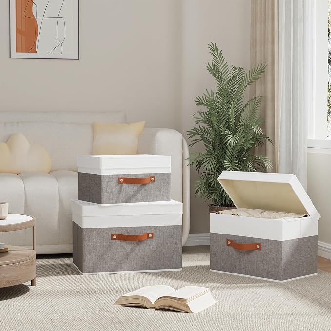 Fabric Storage Bins with Lids, 3 Pack Linen Foldable Cloth Baskets, 15 x 9.8 x