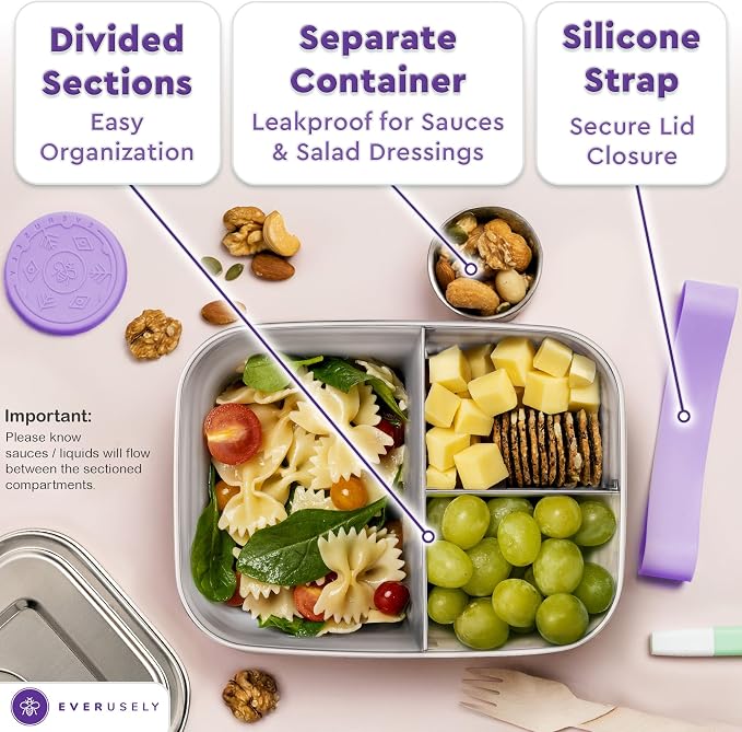 Everusely - Bento Box - Lavender, 47oz / 1.4 L - Stainless Steel Lunch Box - 3
