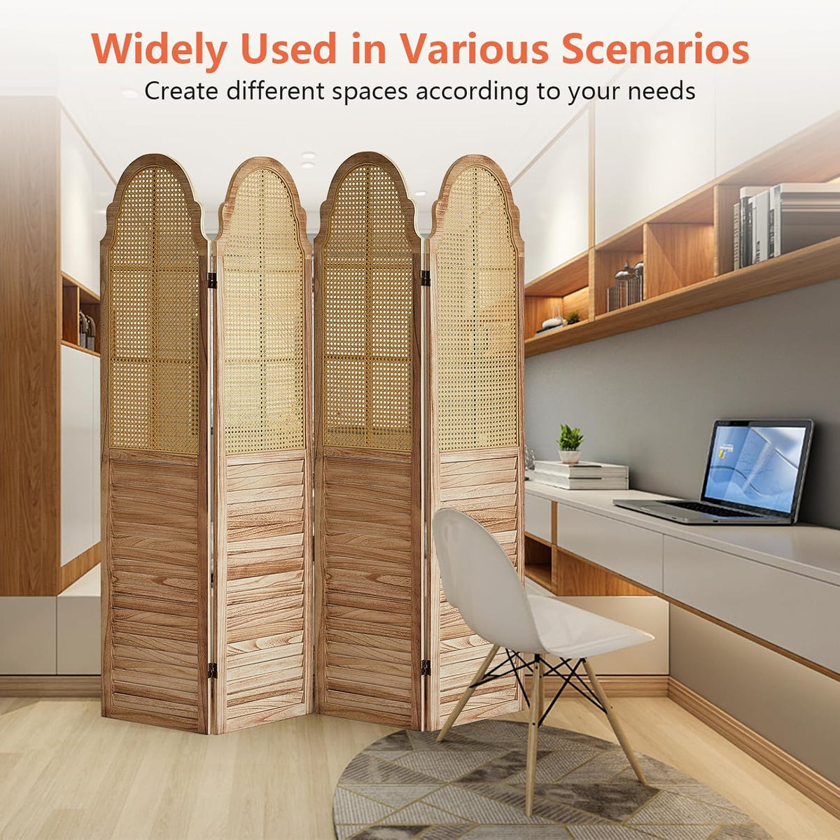 4 Panel Rattan Folding Screen Room Divider, Privacy Dividers for Rooms, Louvered Partition Dividers, Room Divider Panel for Bedroom, Dressing Room, Balcony, Light Brown
