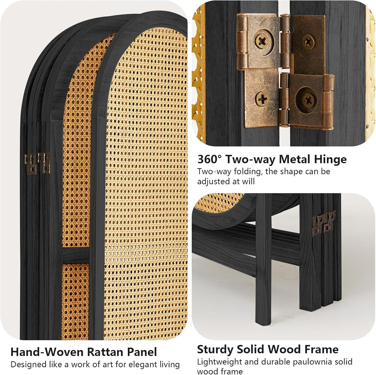 4 Panel Room Divider, Hand-Woven Rattan Room Divider Screen, Folding Privacy Screens with Double Hinges, Wooden Freestanding Wall Divider for Room Separation Bedroom Home Office - Black