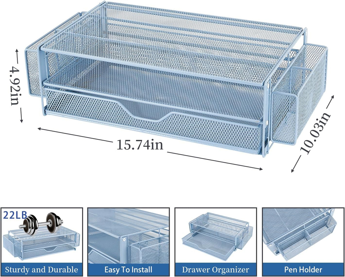 AUPSEN Computer Monitor Stands Riser，2-Tier Desk Organizers and Accessories, Office Desk Accessories Organizer with Drawers and 2 Pen Holder for Office Supplies (Blue)