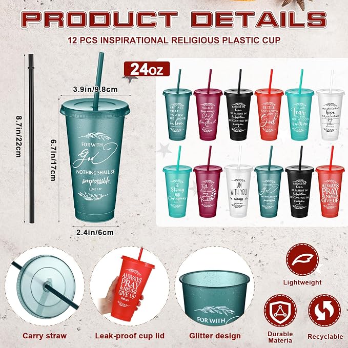 Havawish 12 Pcs Mothers Day Christian Tumbler Gift Bulk Religious Inspirational 24 oz Drinking Jesus Cup with Lid Straw Bible Verse Plastic Cup for Church Father Teacher First Communion (Joyous Color)