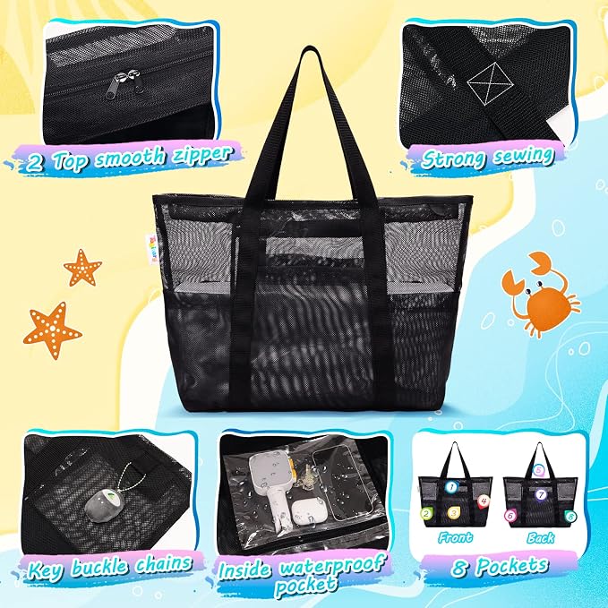 Tagitary Mesh Beach Bag with Zipper Large Beach Tote Waterproof Sandproof with