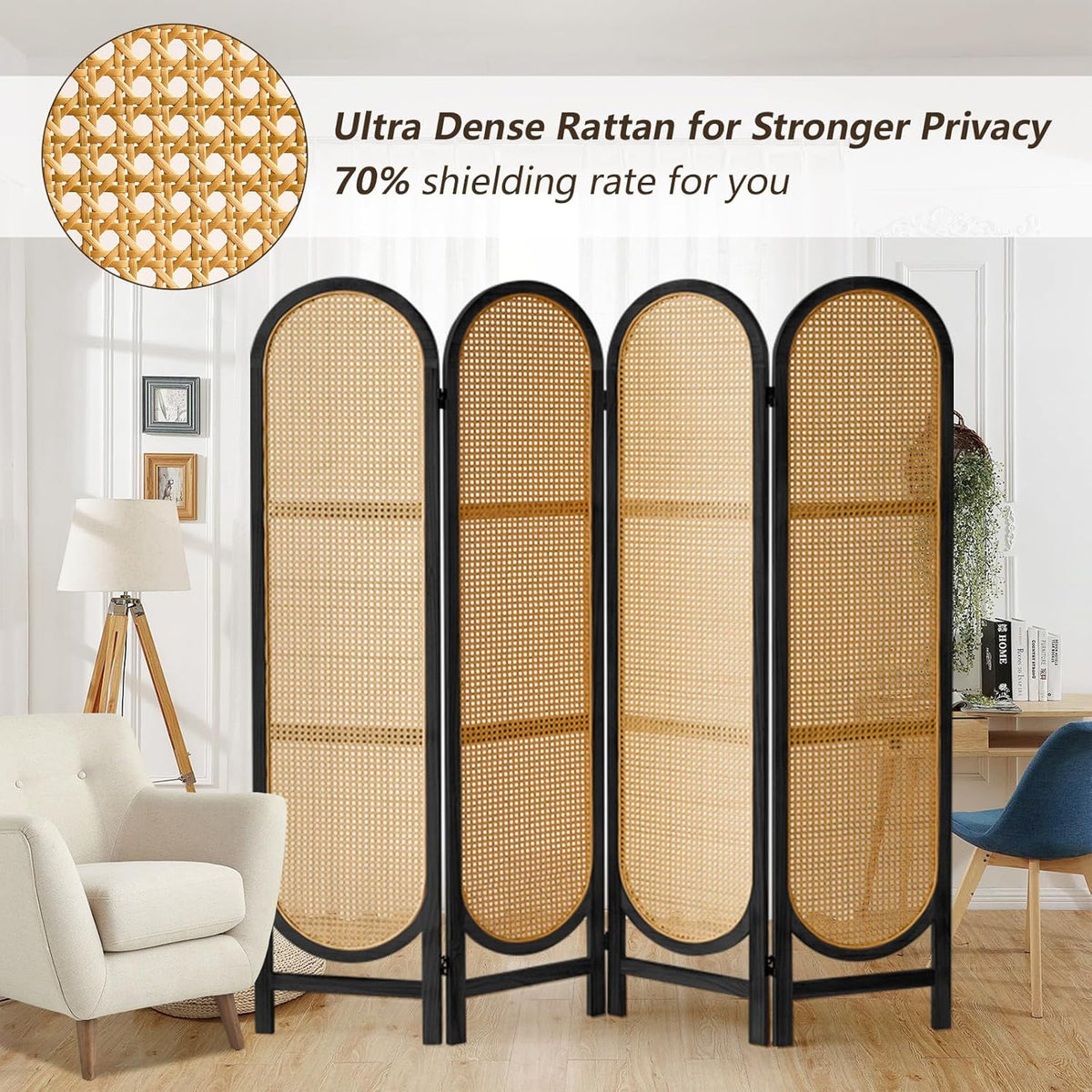 4 Panels Room Dividers and Hand-Woven Rattan Room Divider Wall, Wood Room Divider Folding Privacy Screens for Home Office Bedroom, Black