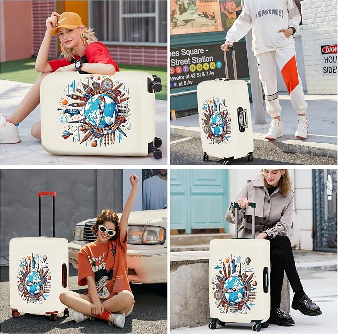 ANNA QUEEN Travel Around the World Luggage Cover, Colorful Landmark Suitcase
