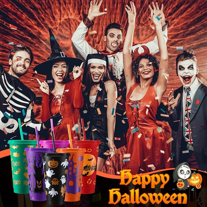 Honeydak 40 Pcs 24oz Halloween Tumblers Bulk Halloween Plastic Cups with Lids Reusable Water Bottle Iced Coffee Travel Mug Cup for Party Holiday Birthdays Goodie Bags Supplies