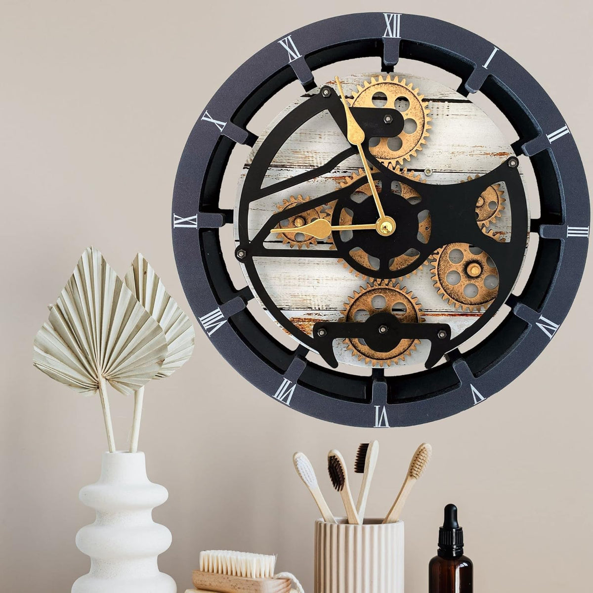 The Gears Clock 16 inches Wall Clock with Real Moving Gears Convertible into a Big Mantel Clock (Desert Beige)