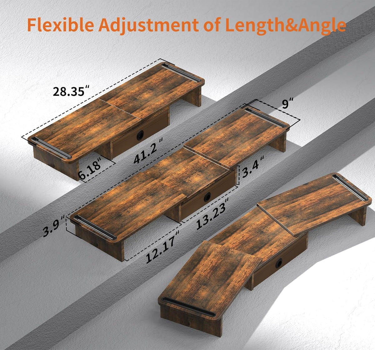 Dual Monitor Stand Riser with Drawer-Adjustable Length and Angle, Monitor Stand Riser for 2 Monitors, Desktop Organizer Stand for Computer/Laptop/PC/Printer (Rust Brown)